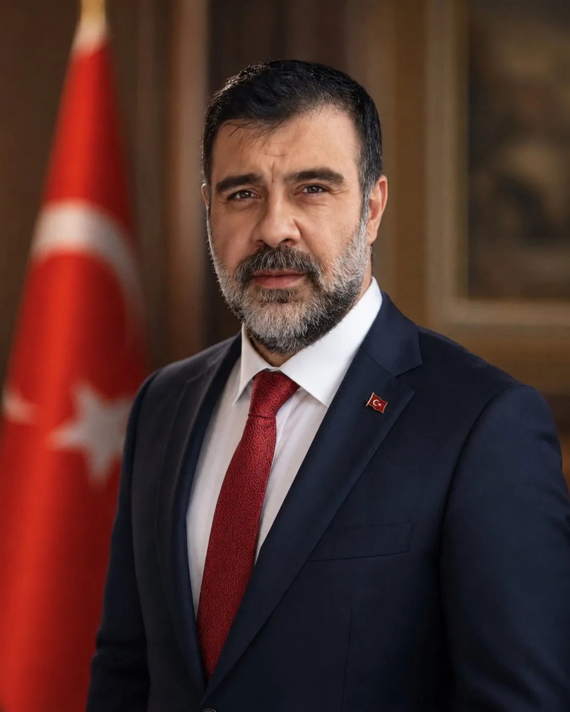 Takım elbiseyle Türk bayrağının önünde